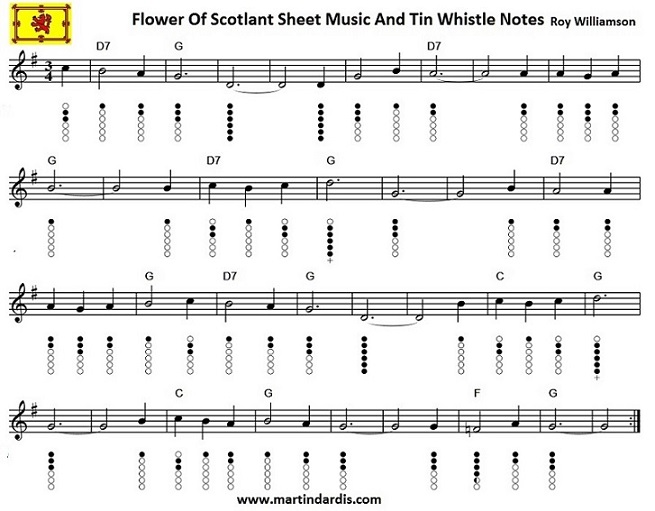 Flower of Scotland sheet music and tin whistle notes