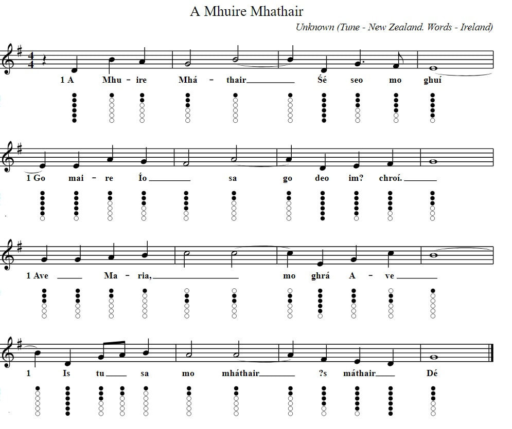 A Mhuire Mhathair Irish sheet music and tin whistle notes