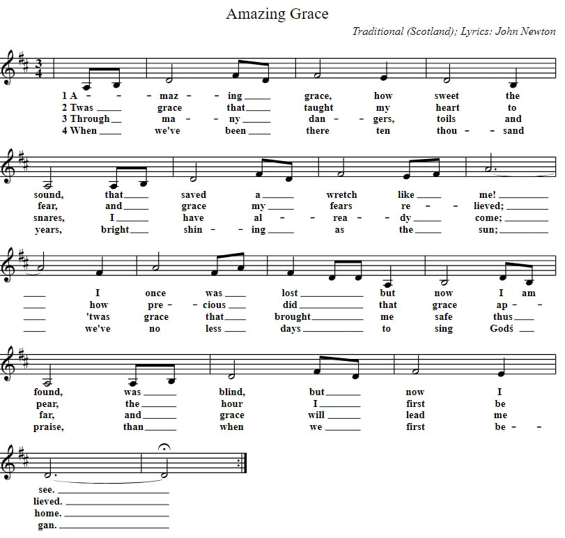 Amazing grace piano sheet music notes in the key of D Major