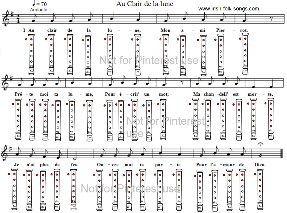 An Clair de la lune recorder notes finger chart