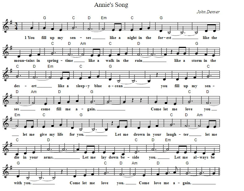Annie's song piano sheet music in G Major