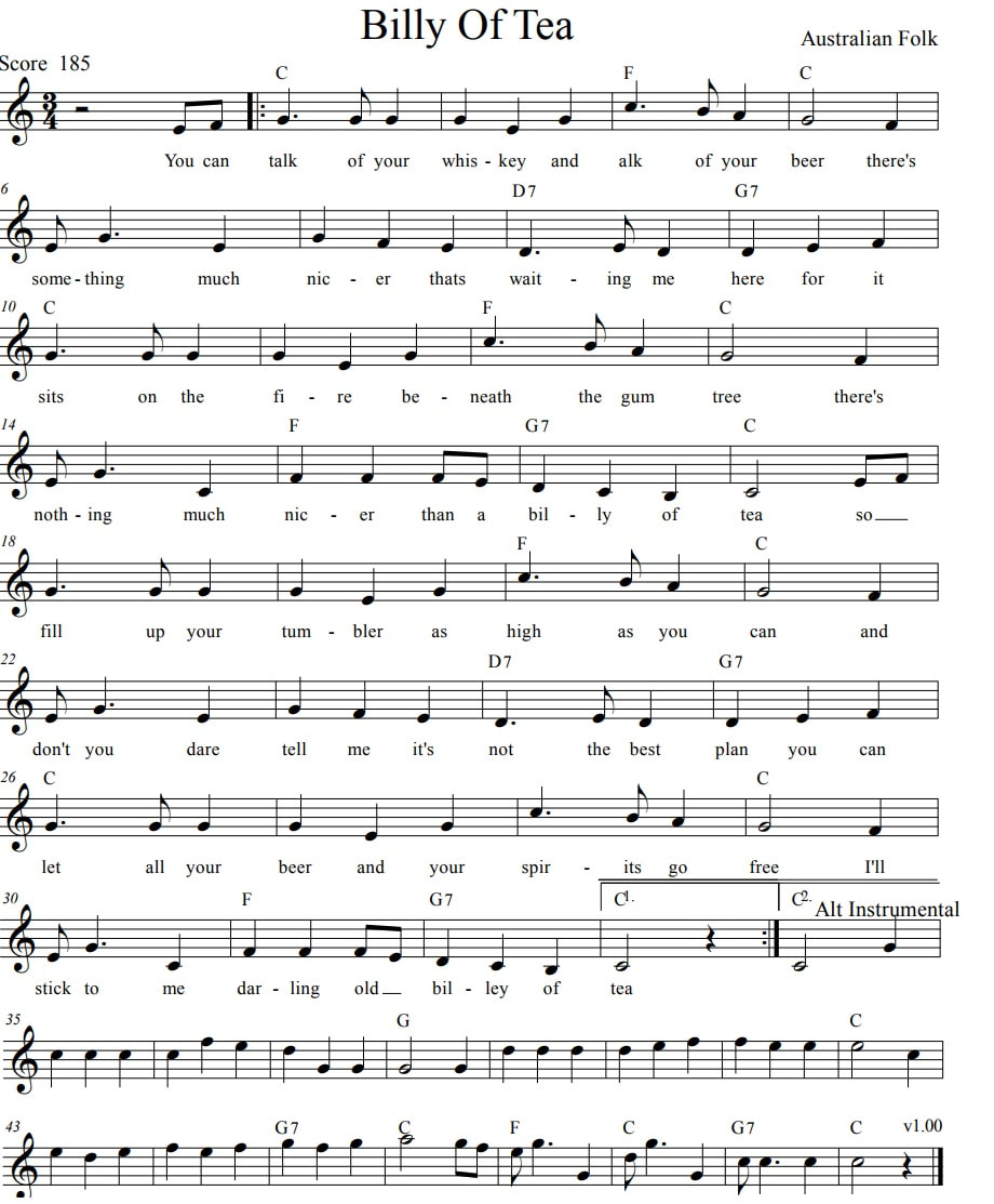 Billie of tea sheet music lyrics and chords