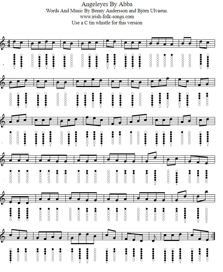 C tin whistle sheet music tab for Angeleyes by Abba