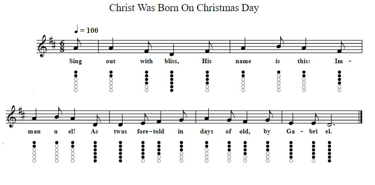 Christ was born on Christmas day sheet music and tin whistle notes in D Major