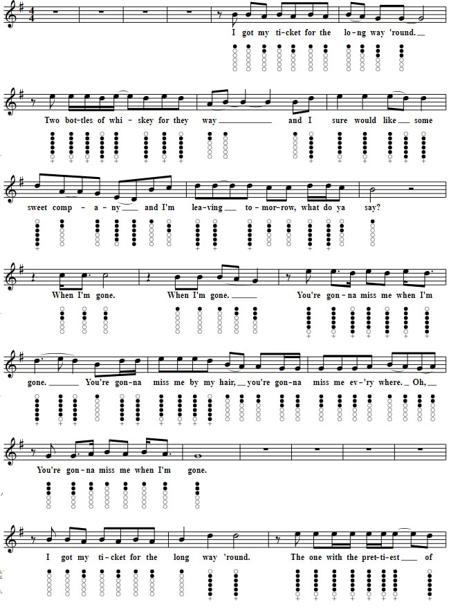 Cups song sheet music and tin whistle notes