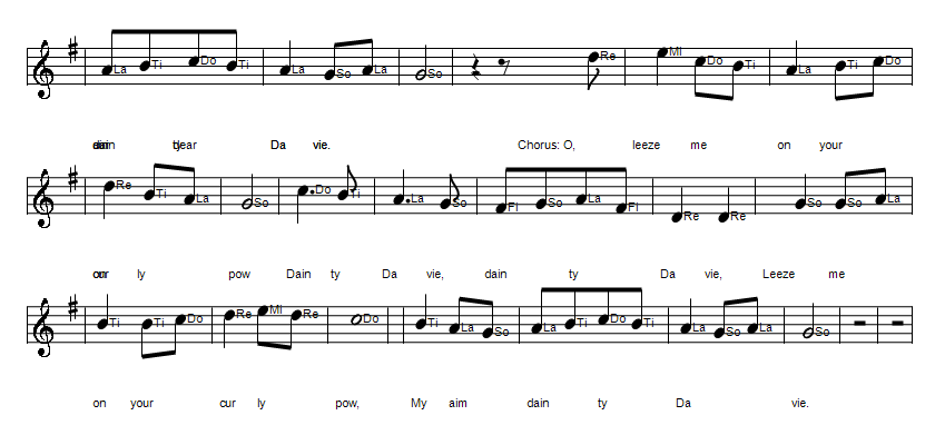 Dainty Davie folk song sheet music notes in solfege part 2 in D Major