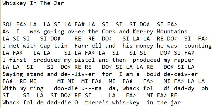 Do re me solfege notes for Whiskey In The Jar