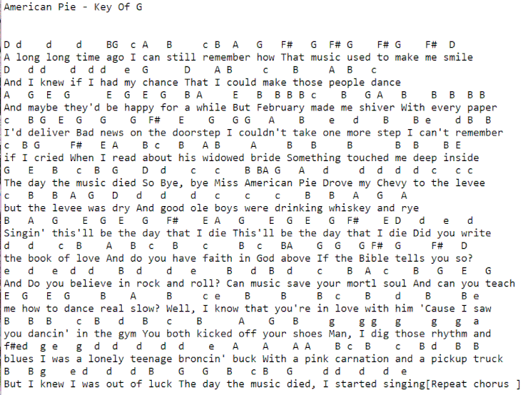 American Pie Music Letter Notes