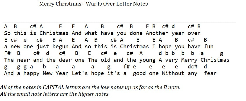 Happy Christmas war is over letter notes for flute recorder and tin whistle