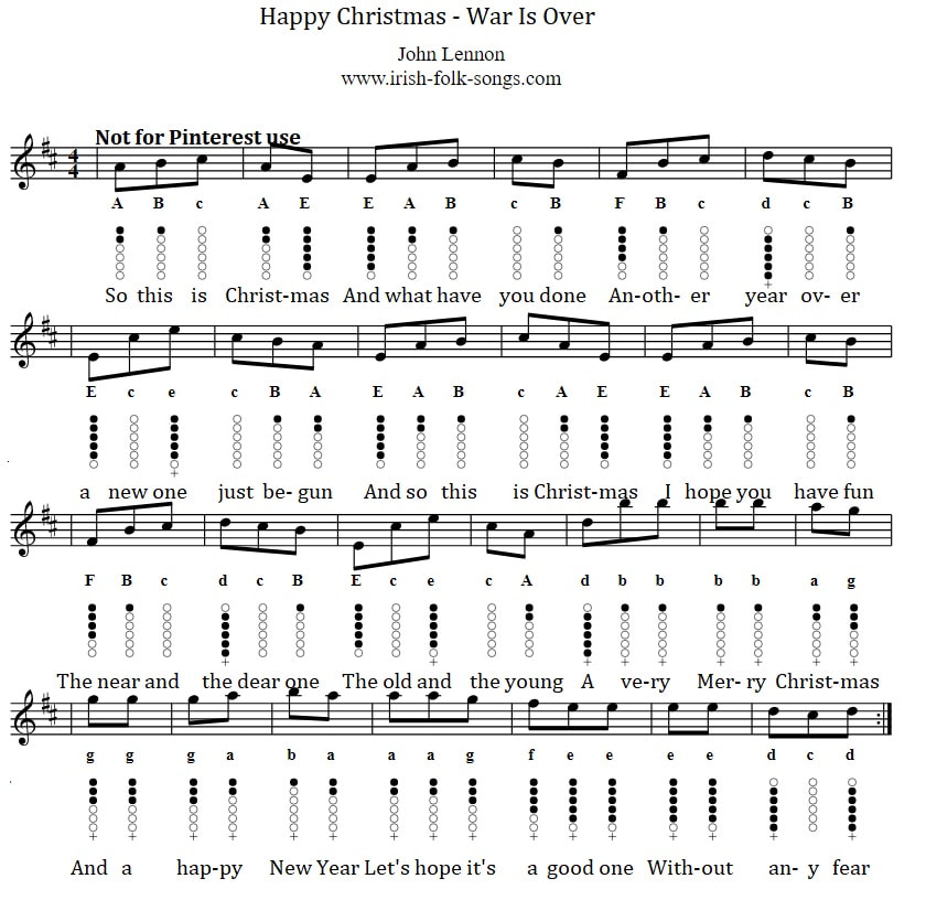 Merry Christmas War Is Over John Lennon Tin Whistle Sheet Music Notes