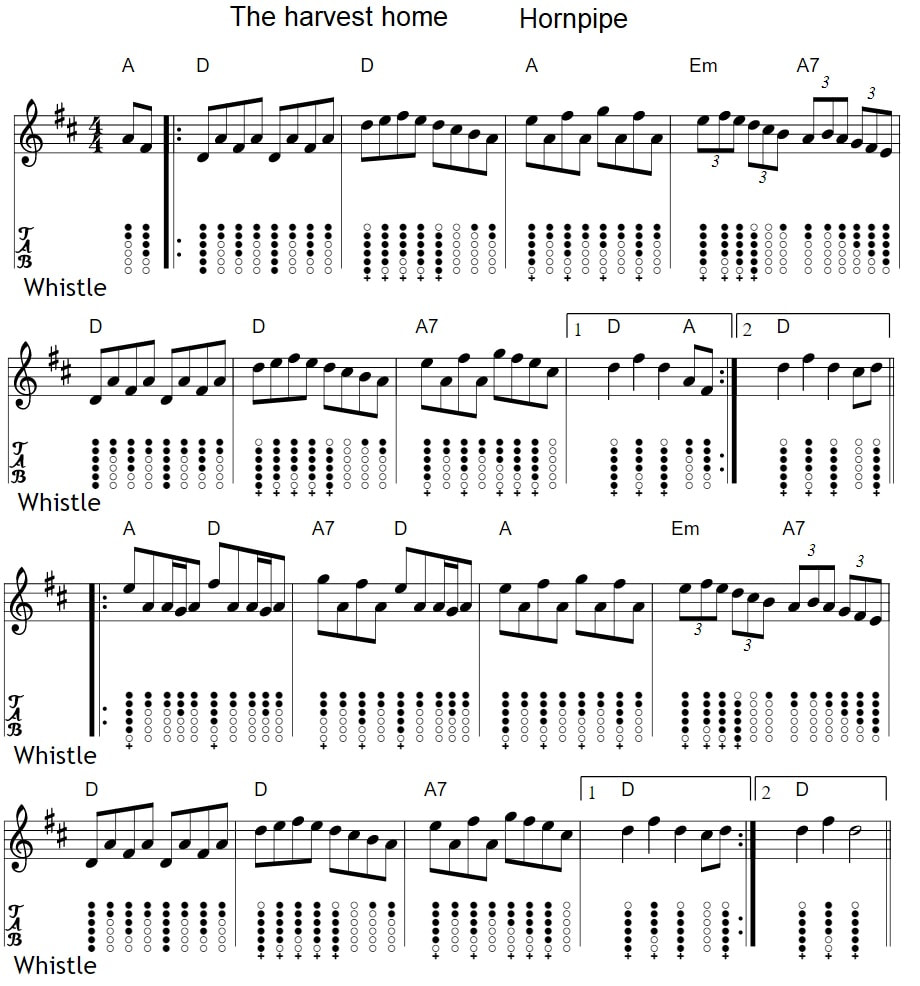 Harvest home hornpipe sheet music tin whistle tab with chords