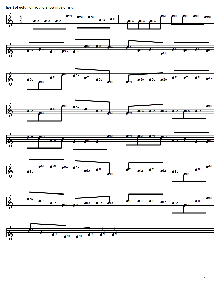 Heart of gold easy piano sheet music version in Do re mi by Neil Young
