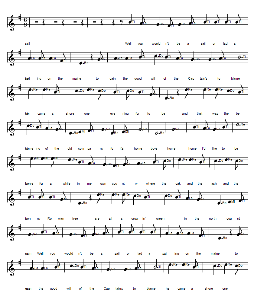 Home boys home sheet music notes to an Irish folk song in solfege Do Re Mi format