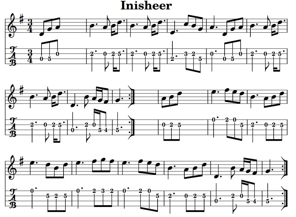 Inisheer fiddle sheet music tab finger position