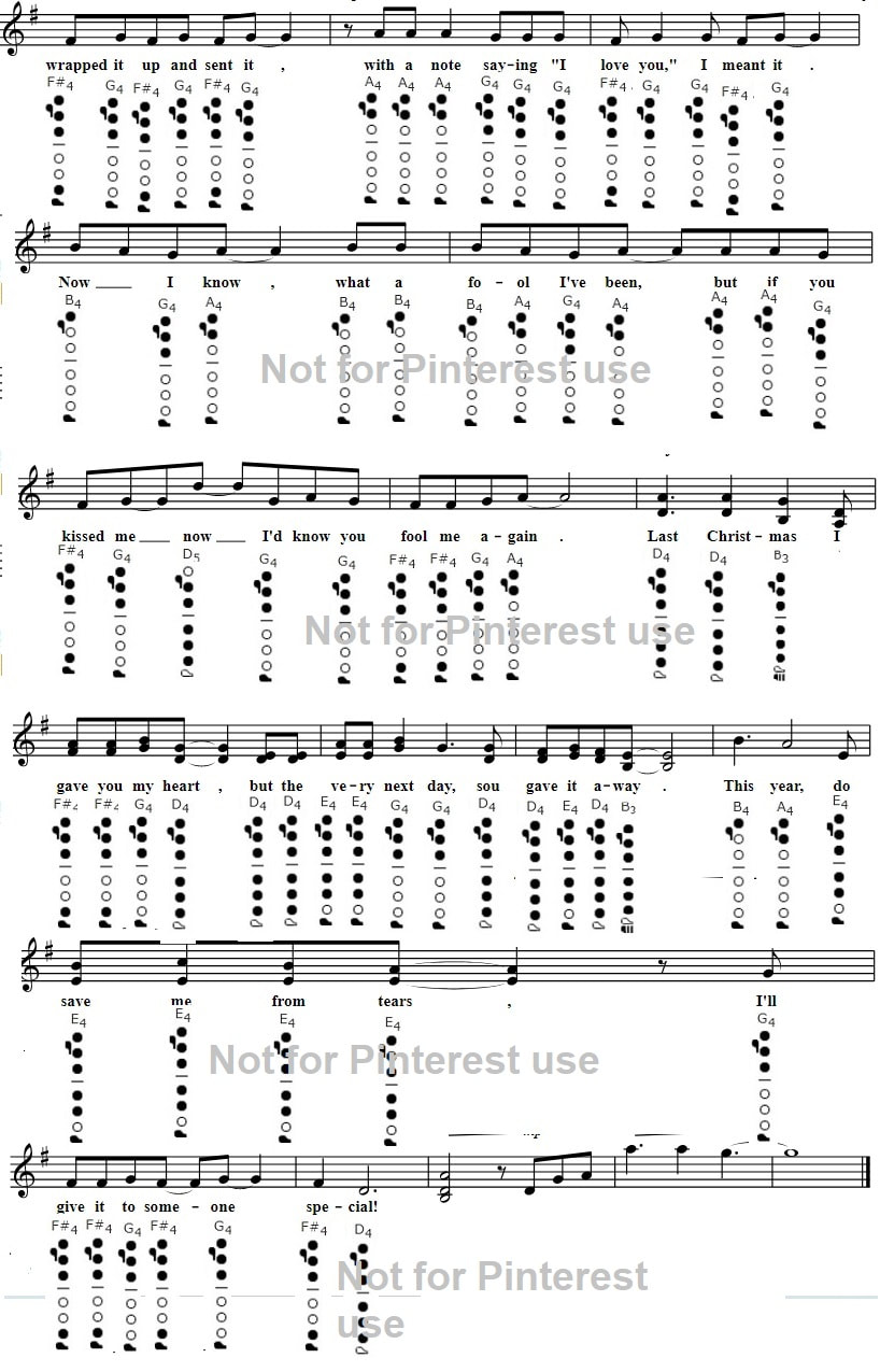 Last Christmas Flute Sheet Music By Wham for beginners showing the finger position