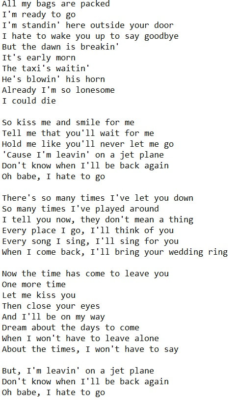 Leaving on a jet plane lyrics by John Denver