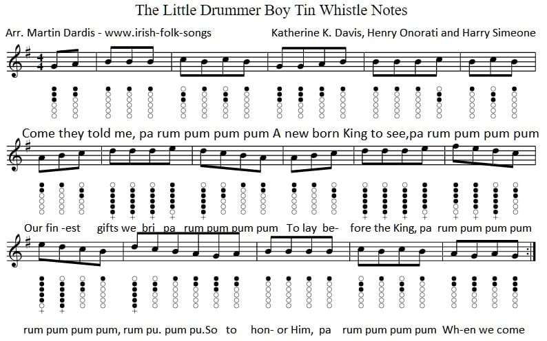 The little drummer boy tin whistle sheet music notes