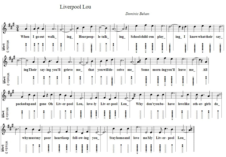 Liverpool Lou tin whistle tab in the key of A