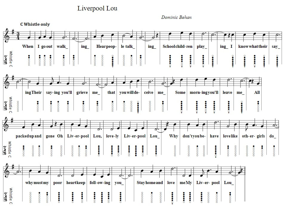 Liverpool Lou tin whistle tab in the key of  C Major