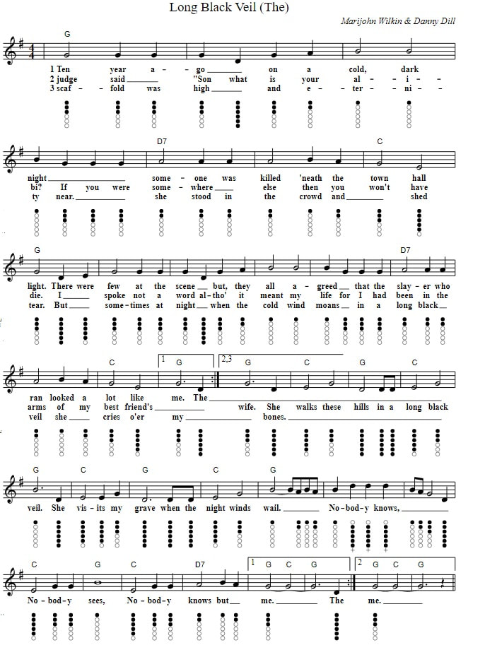 Long black veil sheet music notes with chords and lyrics and tin whistle