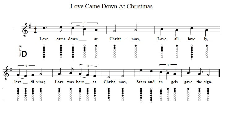 Love came down at Christmas sheet music and easy tin whistle notes