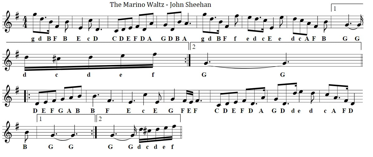 Marino waltz sheet music with letter notes for beginners