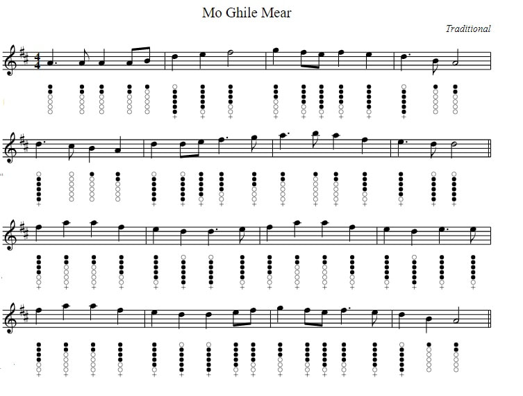Mo ghile mear tin whistle notes for the key of D
