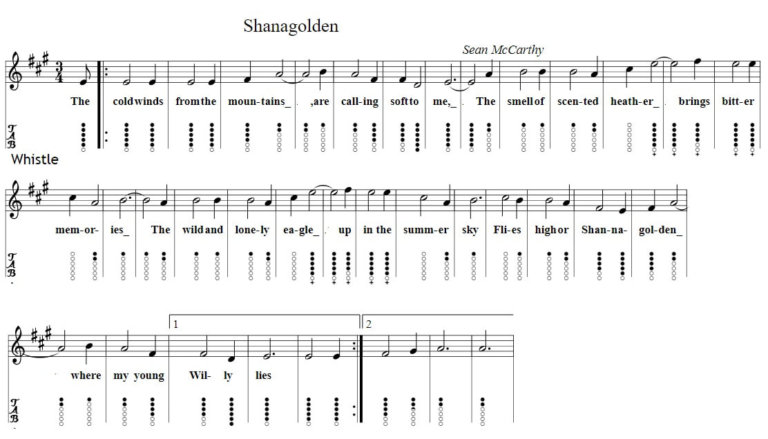 Shanagolden sheet music and tin whistle notes