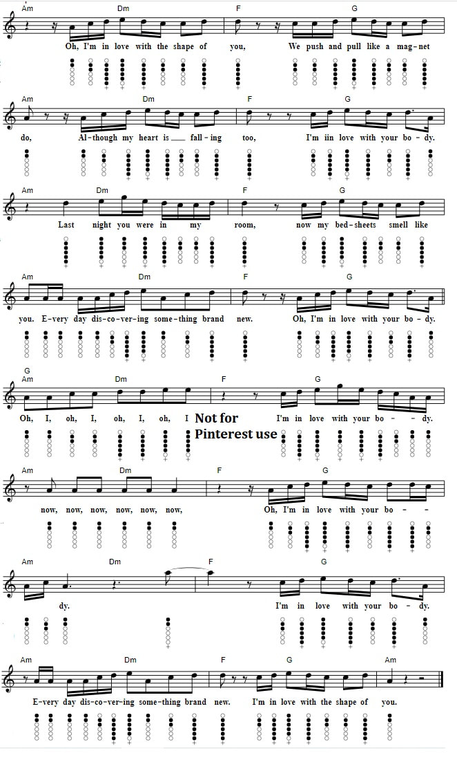 Shape of you song sheet music for piano and tin whistle