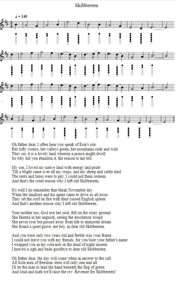 Skibbereen sheet music notes for tin whistle