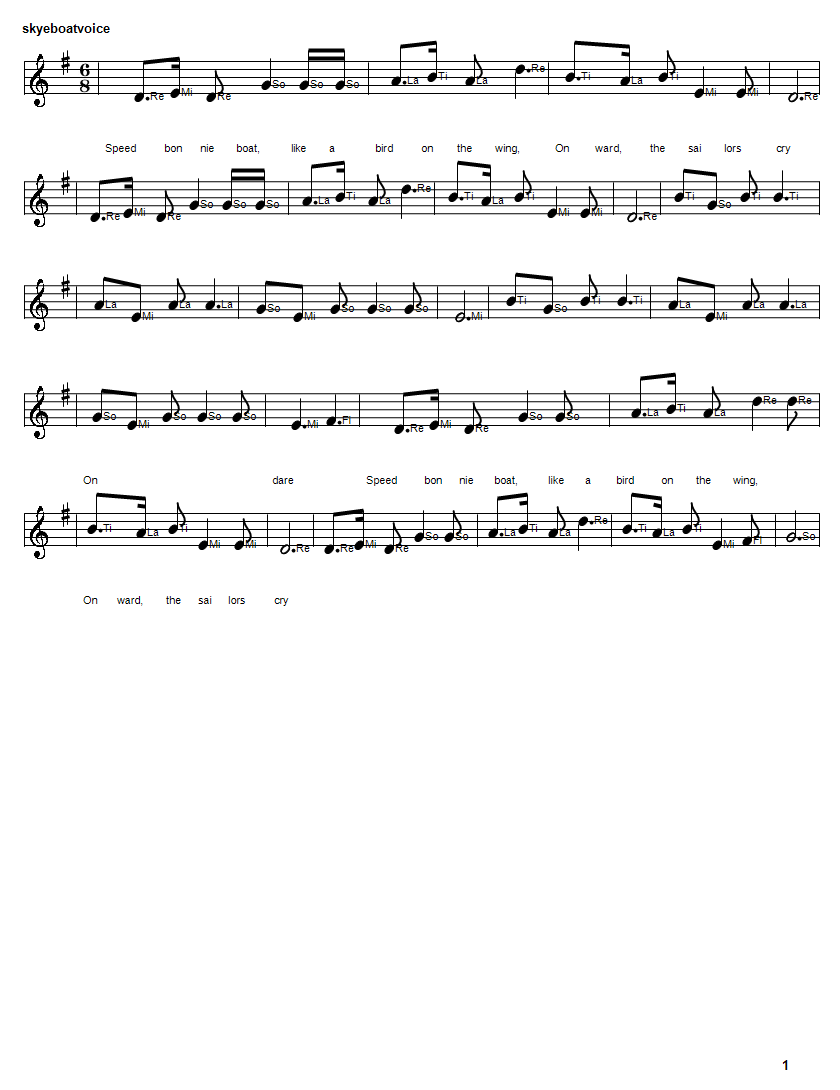 The skye boat song solfege sheet music notes in G Major