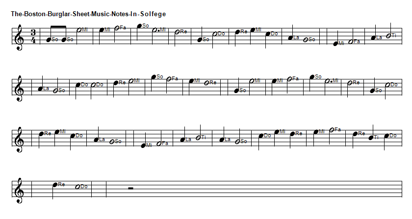 Boston burglar sheet music notes in solfege, do re, mi.