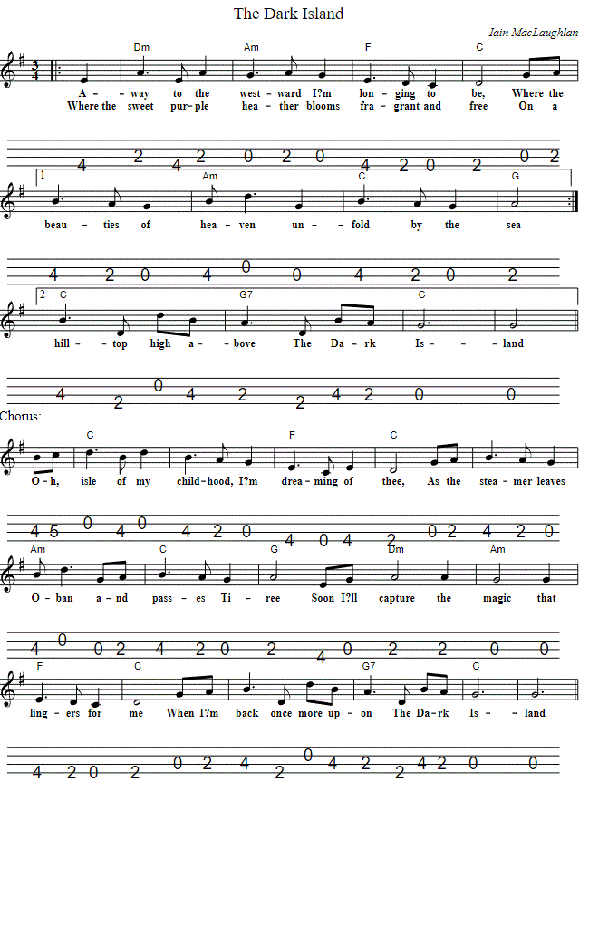 The dark Island tenor guitar / mandola tab in CGDA Tuning