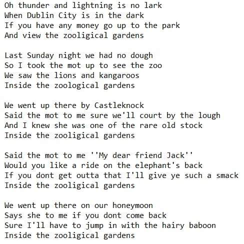The Dubliners lyrics The Zoological gardens