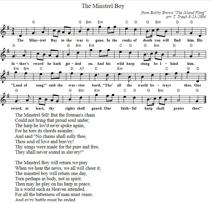 the minstrel boy piano sheet music with chords and lyrics in G Major