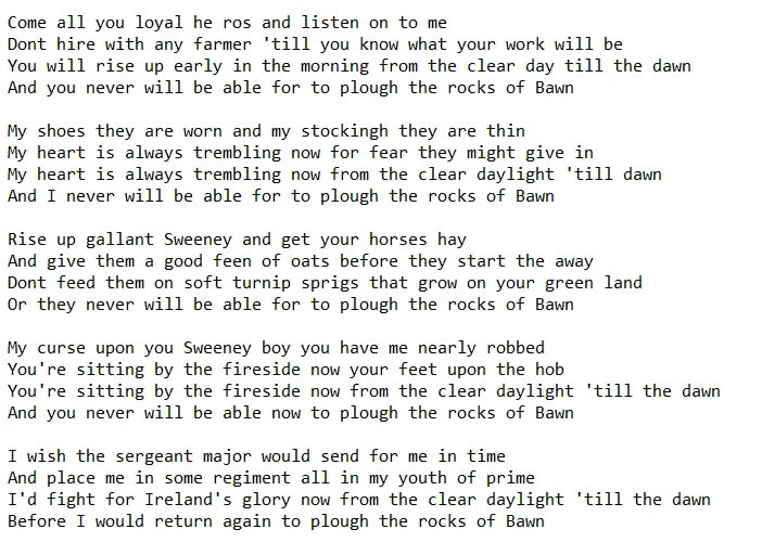 The rocks of bawn Irish lyrics