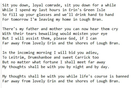 The shores of Lough Bran song lyrics