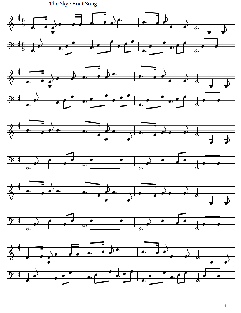 The skye boat song full sheet music in G Major with bass notes