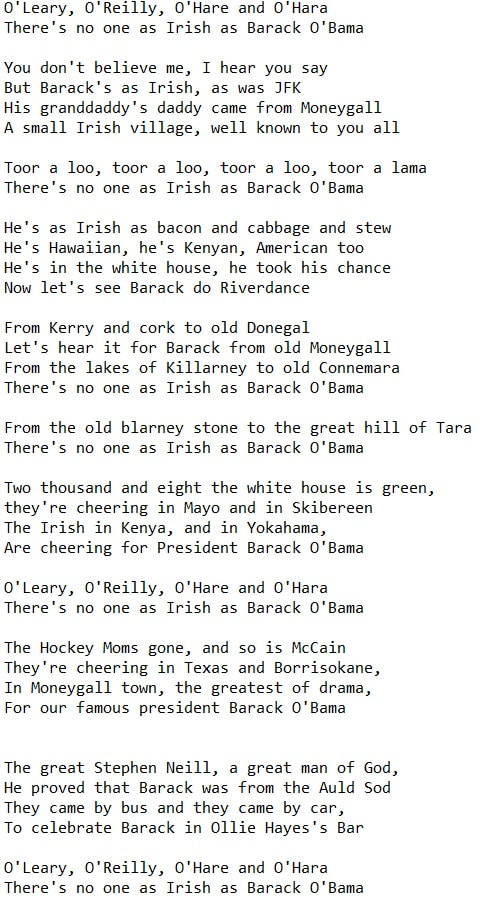 There's no one as Irish as Barack Obama song lyrics
