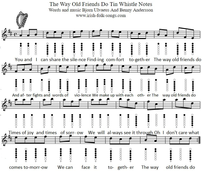 The way old friends do sheet music notes for the tin whistle