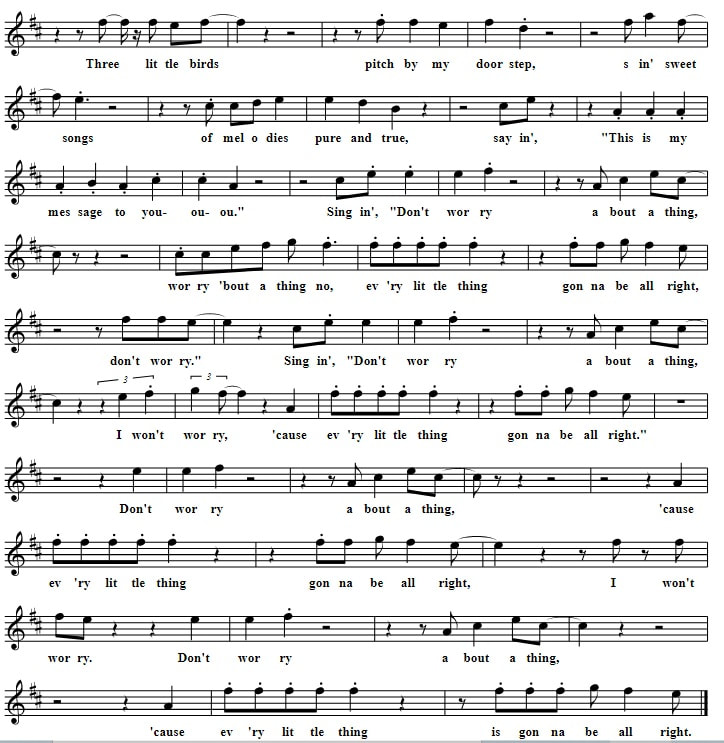Three little Birds sheet music score by Bob Marley in D Major part two