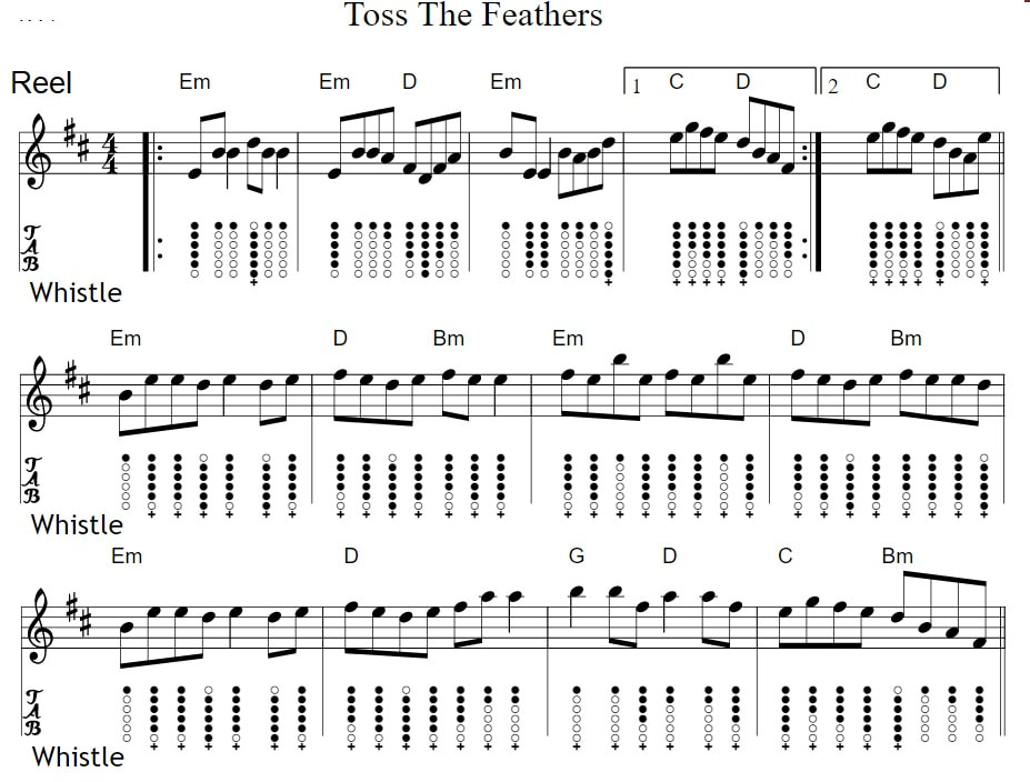 Toss the feathers tin whistle sheet music with guitar chords