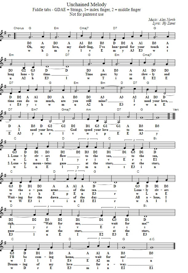 Unchained melody violin sheet music tab for beginners