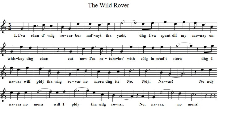 The wild rover piano sheet music in the key of C Major