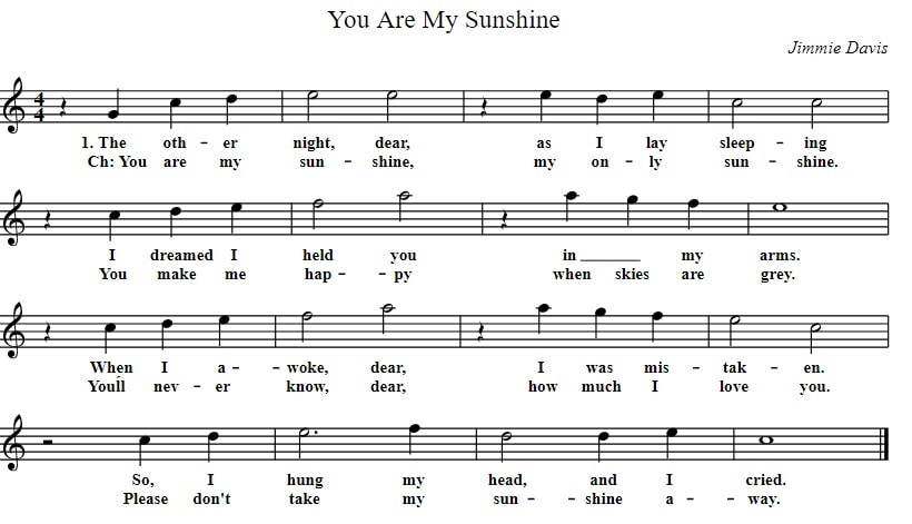 You are my sunshine sheet music notes in the key of C