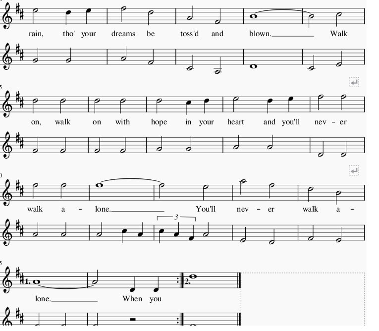 You'll never walk alone sheet music score in D Major