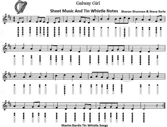 Galway Girl sheet music and tin whistle notes