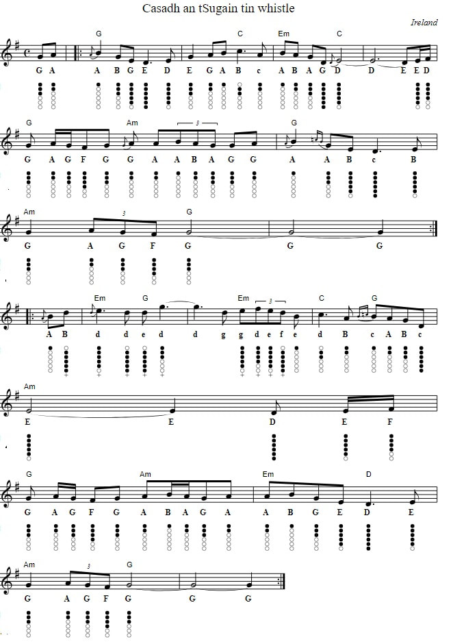 Casadh an tSugain tin whistle sheet music score
