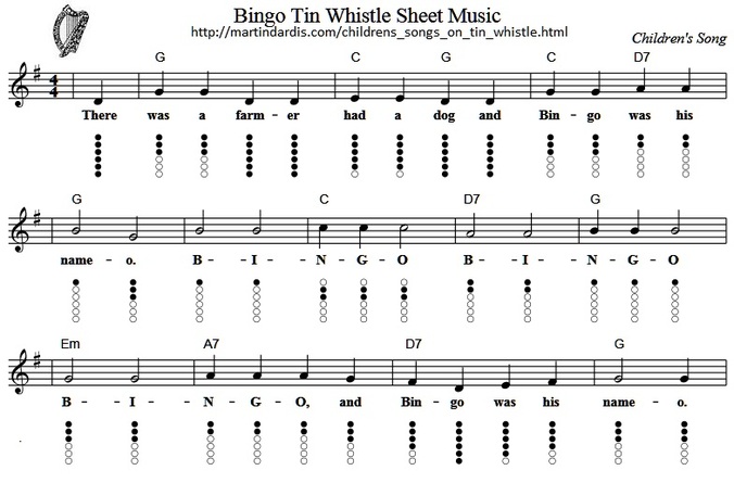 Bingo Sheet Music And Tin Whistle Notes