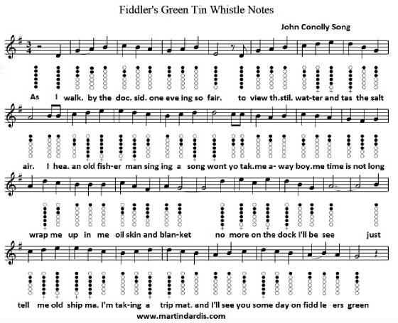 Fiddlers Green Sheet Music And Tin Whistle Notes